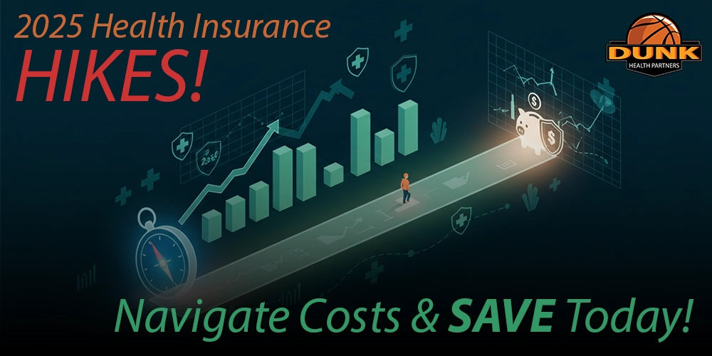 Stylized graphic representing rising health insurance costs and savings